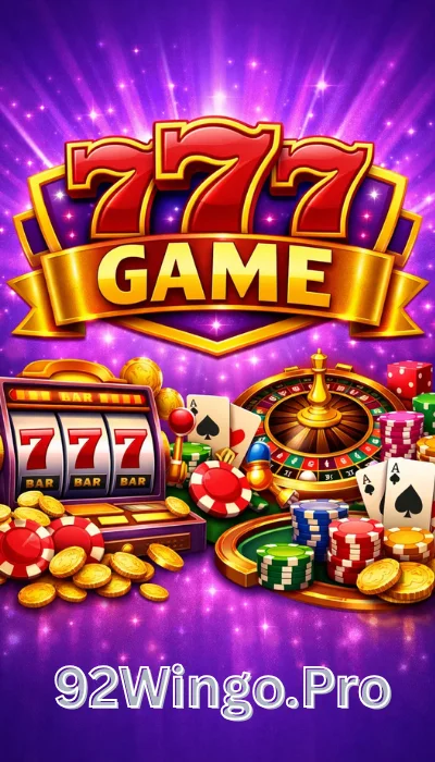 777 Game casino banner with slot machine, poker chips, roulette wheel, and golden coins on purple background