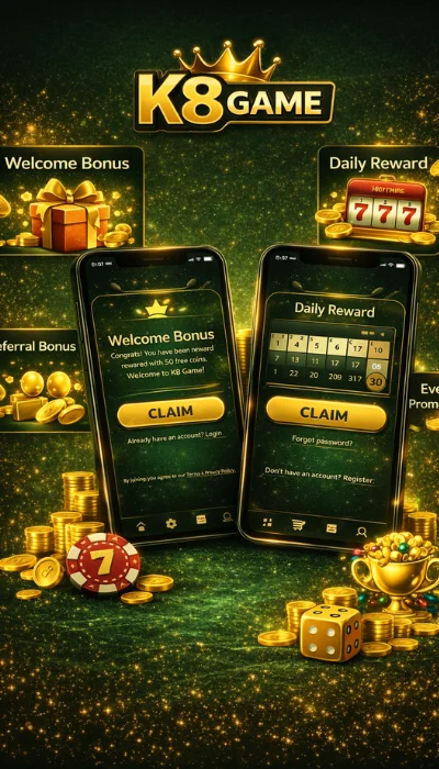 K8 Game welcome bonus and daily reward screen showing golden coins, referral bonus, and casino-style gaming interface.