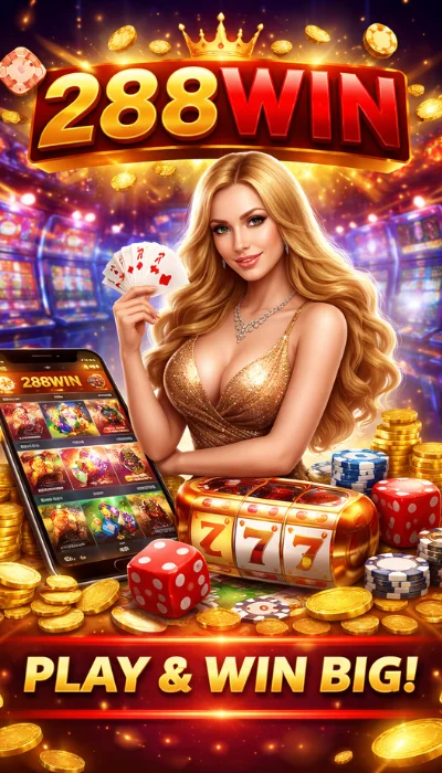 Blonde woman in a gold dress holding playing cards, surrounded by casino chips, dice, gold coins, a 777 slot machine, and a “288WIN” banner with the slogan “Play & Win Big!”