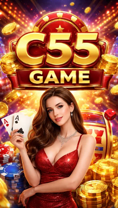 C55 Game promotional banner featuring a glamorous woman holding playing cards with casino chips, gold coins, and slot machine background