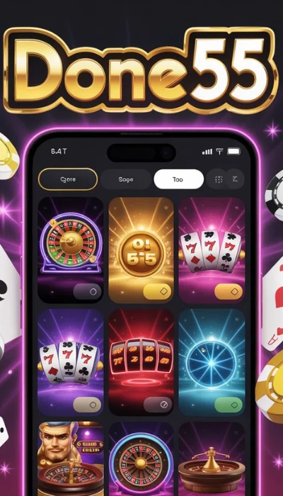 Done55 online casino mobile app interface displaying roulette, slot games, poker cards, and 777 slot symbols on a smartphone screen.
