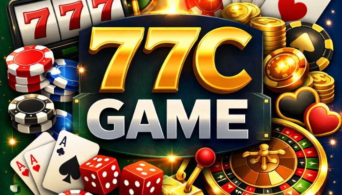 77C Game casino-style online gaming banner with dice, poker chips, roulette wheel, and golden coins.
